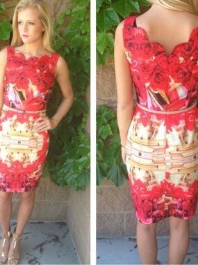 Single Red Floral Scalloped Neck Midi Dress